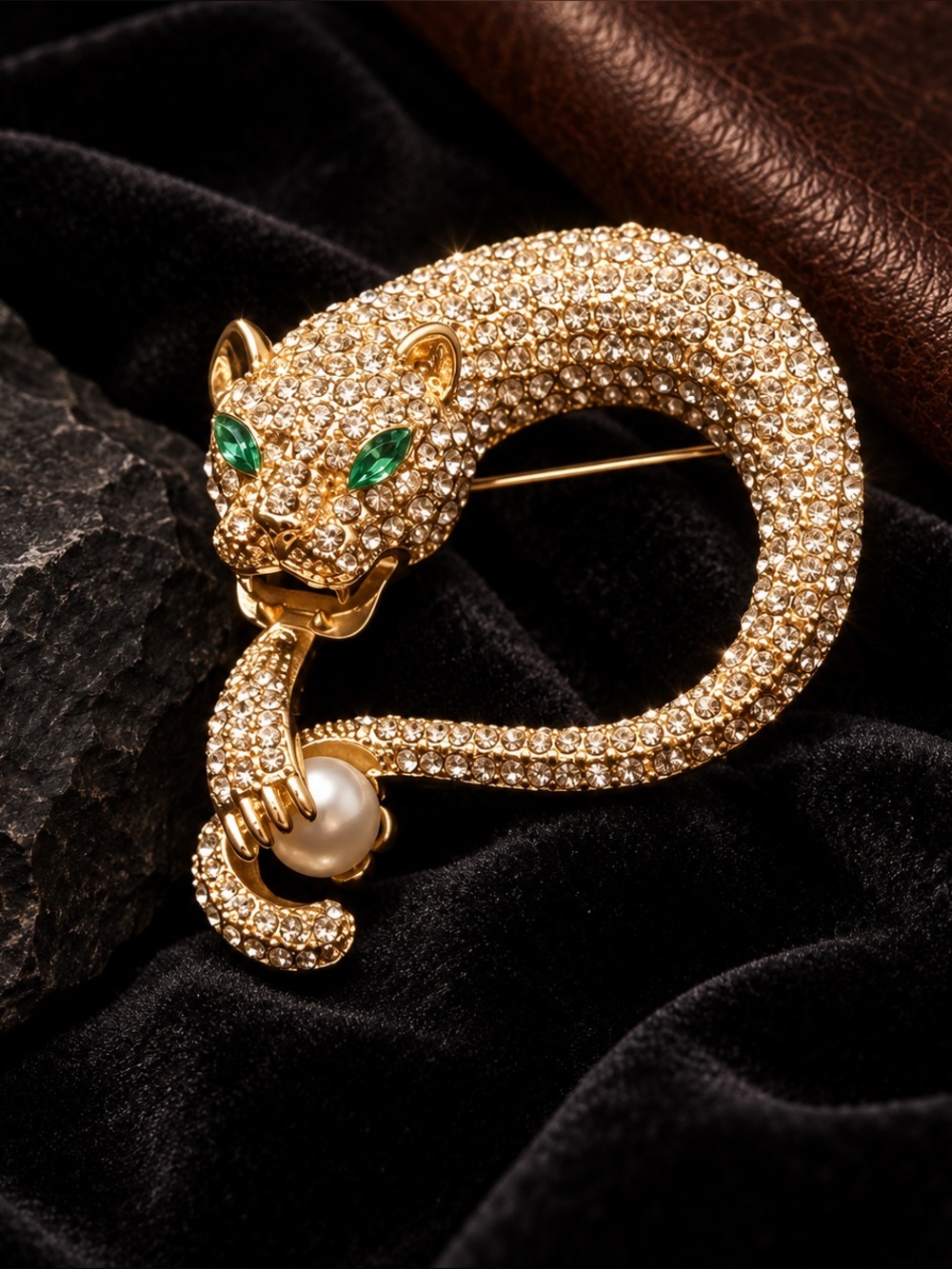 Fierce & Fabulous Green-Eyed Panther Pearl Brooch